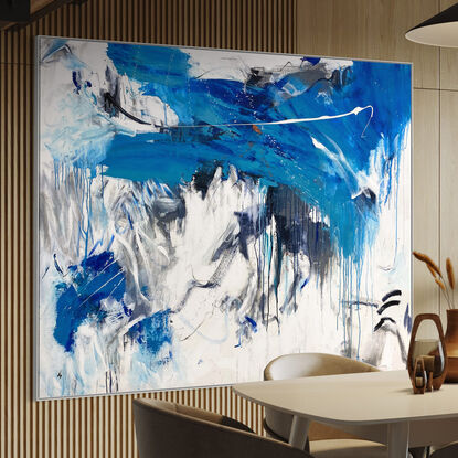 bold marks in beige, white, dark blue, grey, and light blue and copper  across the canvas suggestive of  the landscape, seascape made from large expressive painterly marks that uplift the soul.