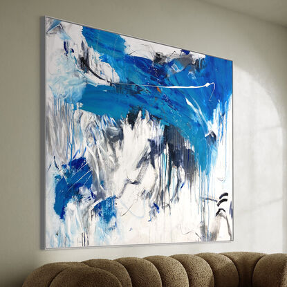 bold marks in beige, white, dark blue, grey, and light blue and copper  across the canvas suggestive of  the landscape, seascape made from large expressive painterly marks that uplift the soul.