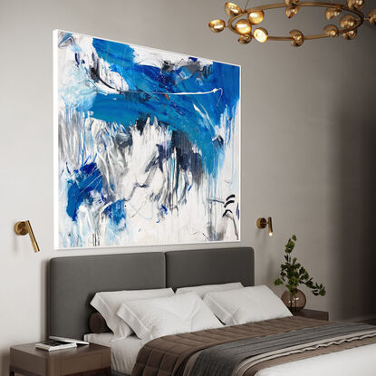 bold marks in beige, white, dark blue, grey, and light blue and copper  across the canvas suggestive of  the landscape, seascape made from large expressive painterly marks that uplift the soul.