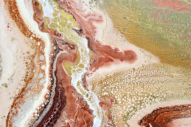 ABSTRACT painting of flowing colours: golds, light golds, ochre, chocolate, royal purple, pink, beige. sage olive
It has incredible depth while evoking a feeling of peace/
The closer you get to the painting the more of the interesting details and patterns you can see. Metallics add an extra depth because the painting changes personality when one views from different angles.