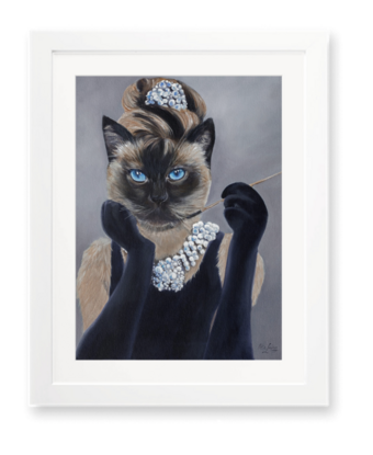 Siamese cat painted as Audrey Hepburn from Breakfast at Tiffanies. 