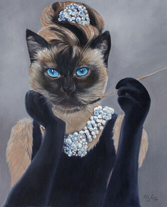 Siamese cat painted as Audrey Hepburn from Breakfast at Tiffanies. 