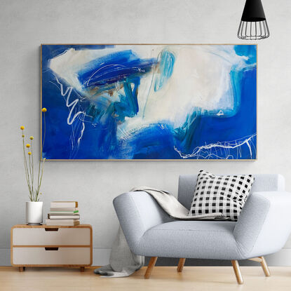  Pops of bright blue and green colours from the ocean flow across the canvas coming through large expressive earthy marks to form this exciting abstract seascape, landscape.