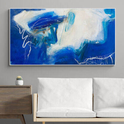  Pops of bright blue and green colours from the ocean flow across the canvas coming through large expressive earthy marks to form this exciting abstract seascape, landscape.