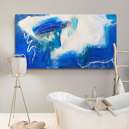  Pops of bright blue and green colours from the ocean flow across the canvas coming through large expressive earthy marks to form this exciting abstract seascape, landscape.