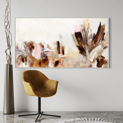 bold marks in  warm earthy beige, ochre , brown, white pink, peach and grey across the canvas suggestive of landscape of valleys and open spaces made from large expressive painterly marks