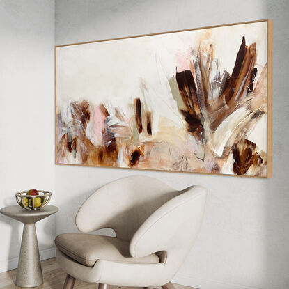 bold marks in  warm earthy beige, ochre , brown, white pink, peach and grey across the canvas suggestive of landscape of valleys and open spaces made from large expressive painterly marks