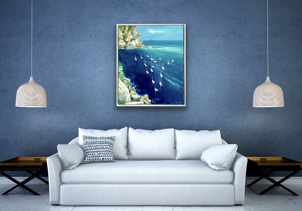 Aerial view of Italian Cinque Terre Italy with white yachts on calm dark blue waters with steep rugged cliffs.