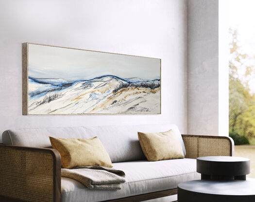 A large abstract painting of the Australian alpine region in  earth colours, white and blue