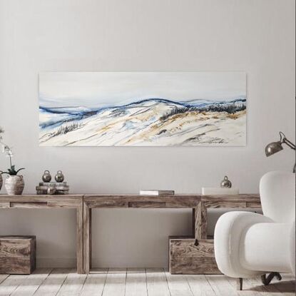 A large abstract painting of the Australian alpine region in  earth colours, white and blue