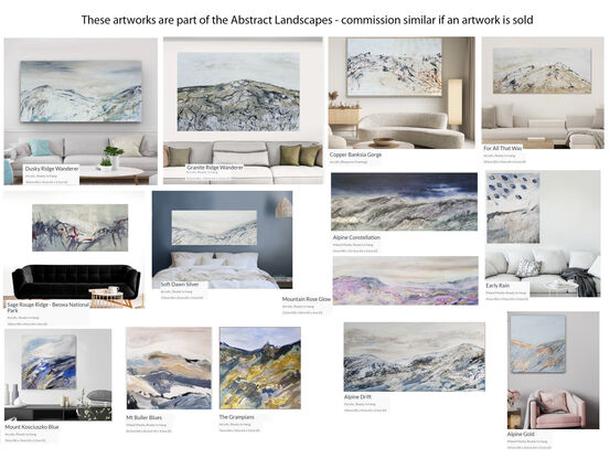 A large abstract painting of the Australian alpine region in  earth colours, white and blue