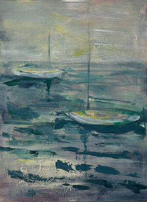 Two boats with masts on the sea. Ripples and moonlight reflections on the water. Teal colours.