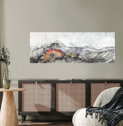 A large abstract painting of the Australian alpine region in  earth colours, white and blue