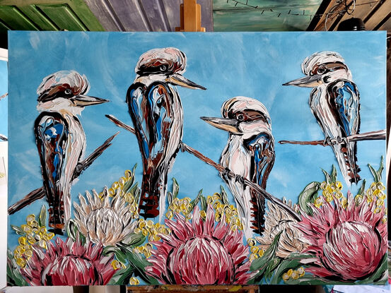 A textured kookaburra four of with proteas and wattle
