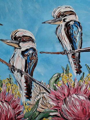 A textured kookaburra four of with proteas and wattle
