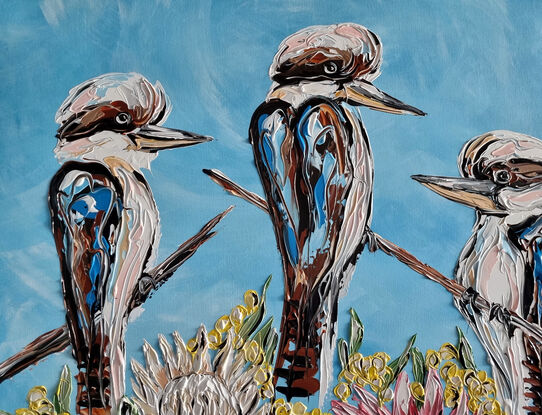 A textured kookaburra four of with proteas and wattle
