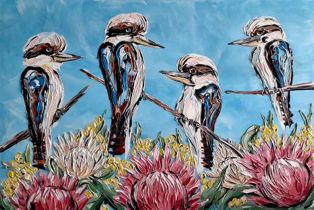 A textured kookaburra four of with proteas and wattle
