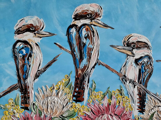 A textured kookaburra four of with proteas and wattle
