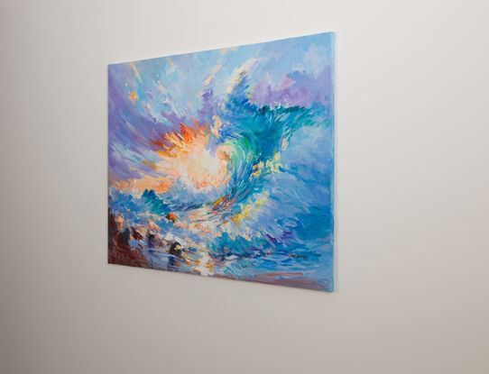 This is a vibrant painting depicting a dynamic and colorful seascape. The artwork features a swirling wave crashing against the shore, with splashes of water highlighted in shades of blue, green, and turquoise. The sky above is a mix of warm and cool colors, including hues of purple, orange, and pink. The brushstrokes are expressive and energetic, capturing the movement and power of the ocean. In the foreground, there are rocks partially submerged in water, adding depth and texture to the scene. The overall composition conveys a sense of movement, energy, and the beauty of nature.