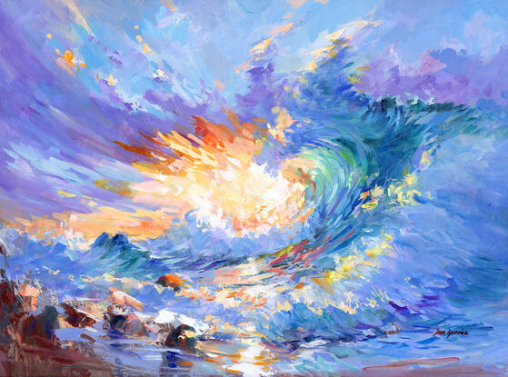 This is a vibrant painting depicting a dynamic and colorful seascape. The artwork features a swirling wave crashing against the shore, with splashes of water highlighted in shades of blue, green, and turquoise. The sky above is a mix of warm and cool colors, including hues of purple, orange, and pink. The brushstrokes are expressive and energetic, capturing the movement and power of the ocean. In the foreground, there are rocks partially submerged in water, adding depth and texture to the scene. The overall composition conveys a sense of movement, energy, and the beauty of nature.