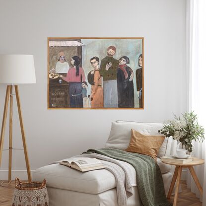 The painting depicts a group of people lined up near a coffee van. 