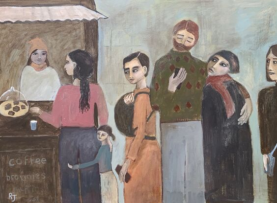 The painting depicts a group of people lined up near a coffee van. 