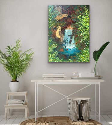 
A inviting waterfall oasis within a layered autumnal coloured surreal landscape with birds.
