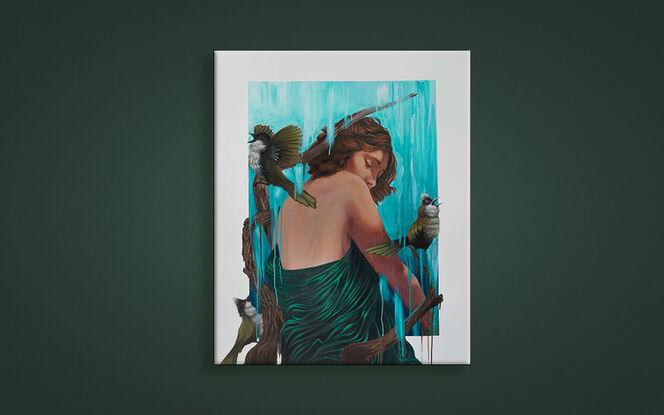 A painting of a woman with short brown hair draped in sea green fabric, looking downward. She is surrounded by branches with three eastern whip birds perched on them. The background features abstract blue-green streaks, giving a serene, nature-inspired atmosphere. 