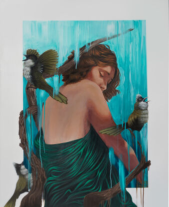 A painting of a woman with short brown hair draped in sea green fabric, looking downward. She is surrounded by branches with three eastern whip birds perched on them. The background features abstract blue-green streaks, giving a serene, nature-inspired atmosphere. 