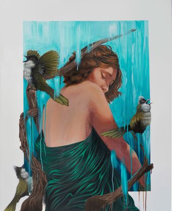 A painting of a woman with short brown hair draped in sea green fabric, looking downward. She is surrounded by branches with three eastern whip birds perched on them. The background features abstract blue-green streaks, giving a serene, nature-inspired atmosphere. 