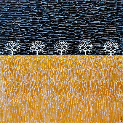 White gum trees in a metallic gold wheat field with a starry night 