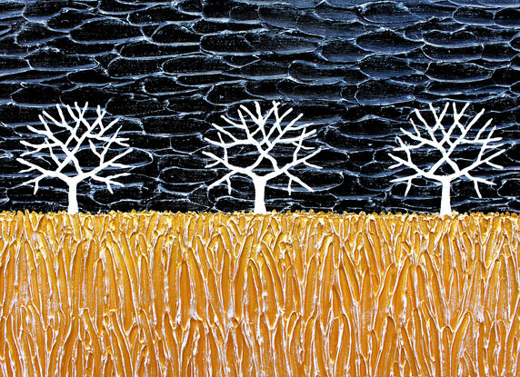 White gum trees in a metallic gold wheat field with a starry night 