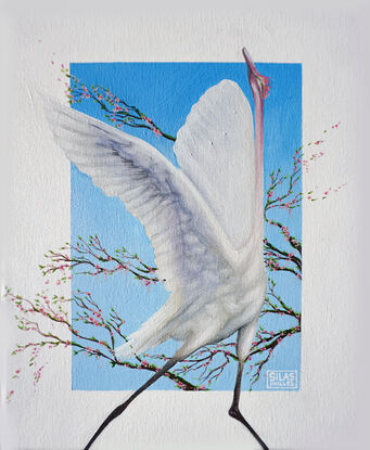 A painting of a white crane in mid-flight with wings outstretched, set against a vibrant blue background. The bird is surrounded by branches adorned with delicate pink blossoms, creating a serene and elegant composition.