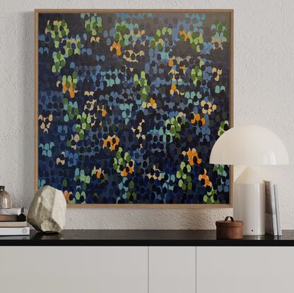 Immerse yourself in the tranquil beauty of this abstract artwork, where soothing blue tones blend harmoniously with hints of rustic warmth and subtle pops of refreshing green. The calming colour palette invites you to explore the serene depths of this piece, evoking a sense of peace and balance.
