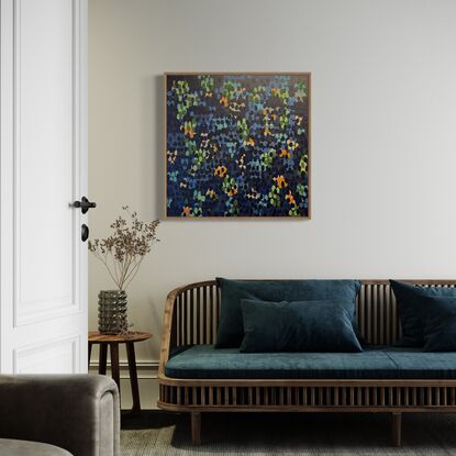 Immerse yourself in the tranquil beauty of this abstract artwork, where soothing blue tones blend harmoniously with hints of rustic warmth and subtle pops of refreshing green. The calming colour palette invites you to explore the serene depths of this piece, evoking a sense of peace and balance.
