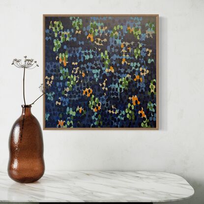 Immerse yourself in the tranquil beauty of this abstract artwork, where soothing blue tones blend harmoniously with hints of rustic warmth and subtle pops of refreshing green. The calming colour palette invites you to explore the serene depths of this piece, evoking a sense of peace and balance.
