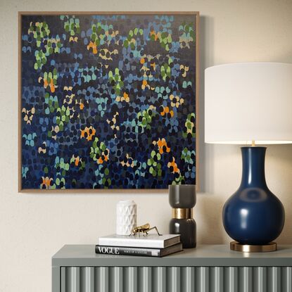 Immerse yourself in the tranquil beauty of this abstract artwork, where soothing blue tones blend harmoniously with hints of rustic warmth and subtle pops of refreshing green. The calming colour palette invites you to explore the serene depths of this piece, evoking a sense of peace and balance.
