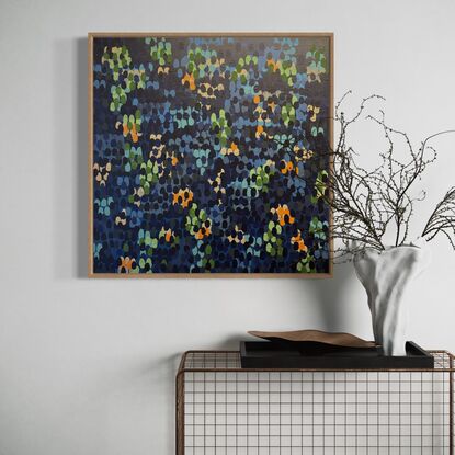 Immerse yourself in the tranquil beauty of this abstract artwork, where soothing blue tones blend harmoniously with hints of rustic warmth and subtle pops of refreshing green. The calming colour palette invites you to explore the serene depths of this piece, evoking a sense of peace and balance.
