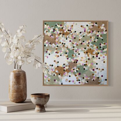 Immerse yourself in a serene oasis of soft pale greens and creams that evoke the soothing colours of nature. Delicate gold accents add a touch of luxury to this abstract piece, inviting you to bask in its tranquil beauty.