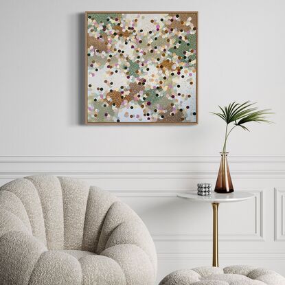 Immerse yourself in a serene oasis of soft pale greens and creams that evoke the soothing colours of nature. Delicate gold accents add a touch of luxury to this abstract piece, inviting you to bask in its tranquil beauty.