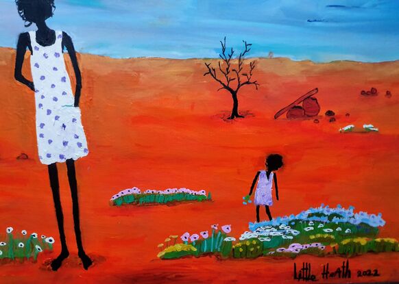 Lady walking with her child  in the Outback.