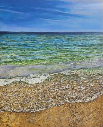 Oil painting of the view of the ocean from standing on the beach. The colors of sea are blue, light green and turquoise. The sand is ochre. 