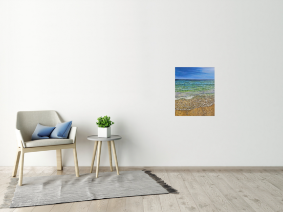 Oil painting of the view of the ocean from standing on the beach. The colors of sea are blue, light green and turquoise. The sand is ochre. 