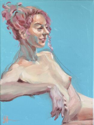 This painting depicts a nude woman with pink hair against a bright blue background. The subject is rendered in soft, fluid brushstrokes, highlighting her relaxed pose and serene expression. Light and shadow play across her form, emphasizing the natural beauty and grace of the human body.