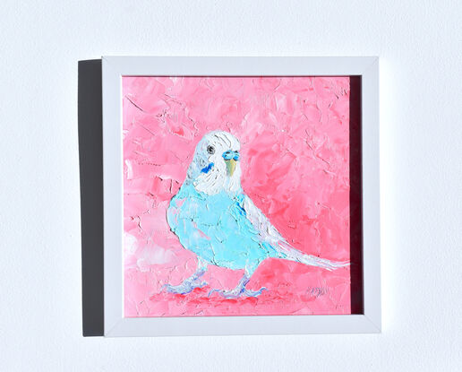 A thickly textured oil painting of a colourful budgerigar bird with bright blue and white feathers. The background is a bright textured pink, which contrasts nicely with the vibrant colour of the bird.