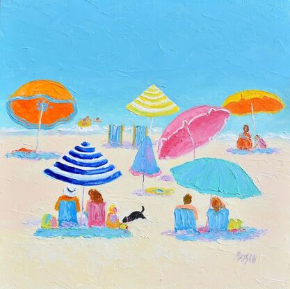 Oil painting of a vibrant beach scene with several colourful beach umbrellas and groups of people relaxing on the sand.  A little black dog is digging a hole in the sand.