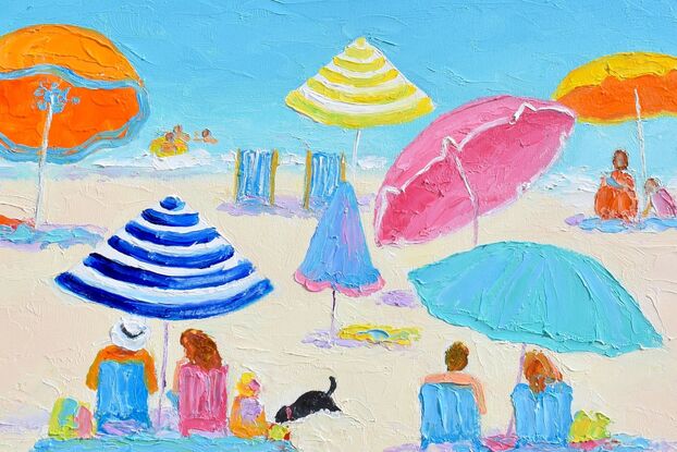 Oil painting of a vibrant beach scene with several colourful beach umbrellas and groups of people relaxing on the sand.  A little black dog is digging a hole in the sand.