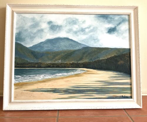 Four Mile Beach Far North Queensland Port Douglas with mountains in background and a lone seagull in the sky