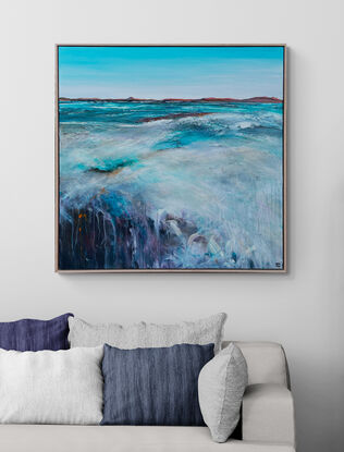 Framed Colourful abstract seascape with pale teal blue sky, and seascape with lots of movement and texture with mountain range in the horizon.