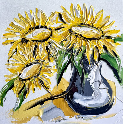 sunflower on  white textured in grey vase
